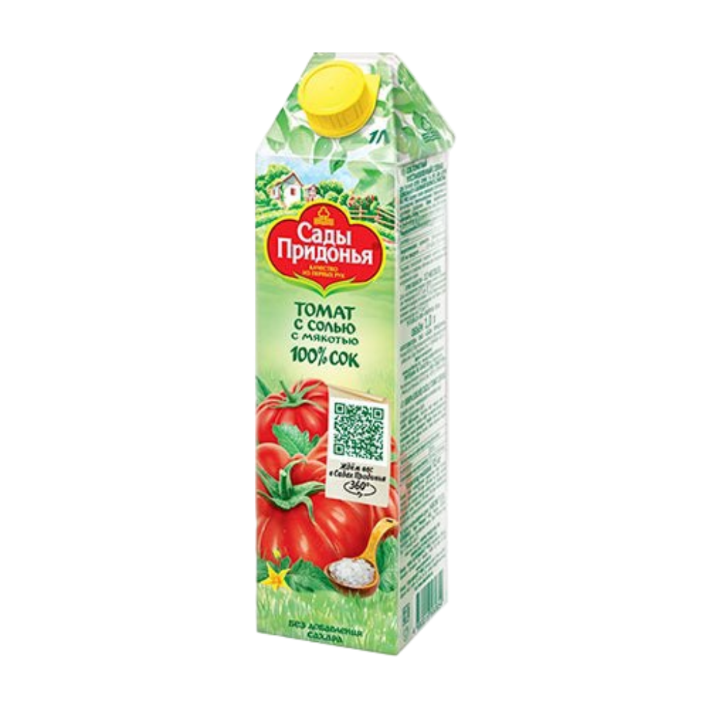 Carton packaging of tomato juice with a green label and red tomatoes on a white background